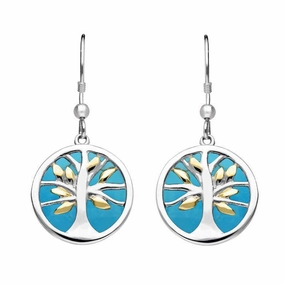 Sterling Silver Gold Plate Turquoise Round Tree of Life Drop Earrings