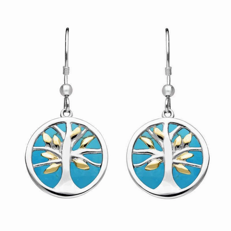 Sterling Silver Gold Plate Turquoise Round Tree of Life Drop Earrings