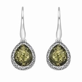 Sterling Silver Green Amber Basket Weave Edge Pear Hook Earrings