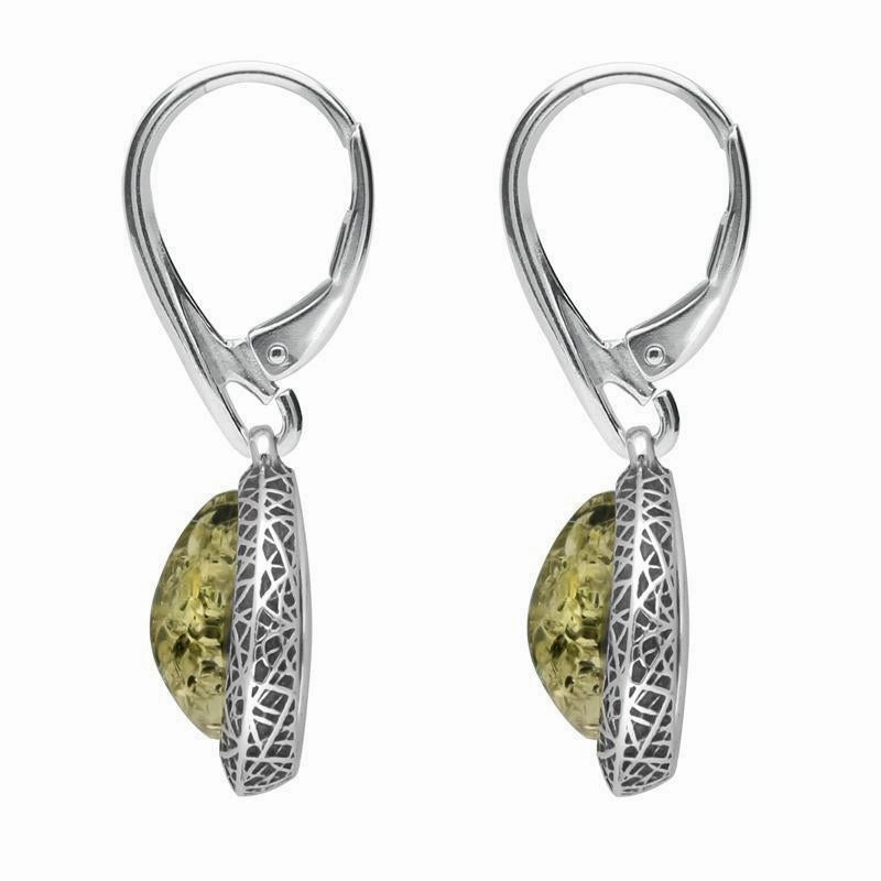 Sterling Silver Green Amber Basket Weave Edge Pear Hook Earrings