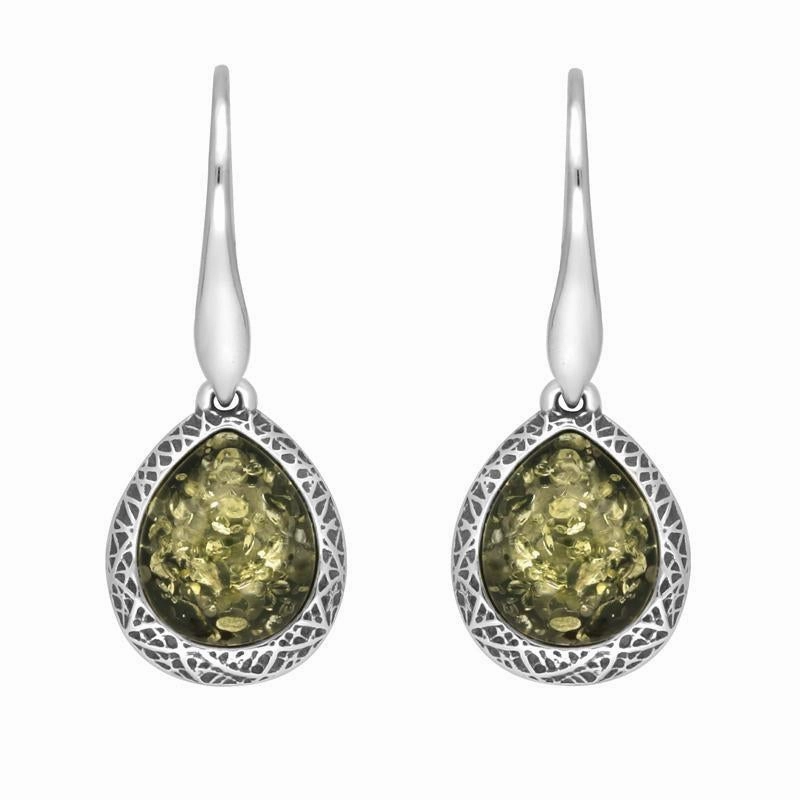 Sterling Silver Green Amber Basket Weave Edge Pear Hook Earrings