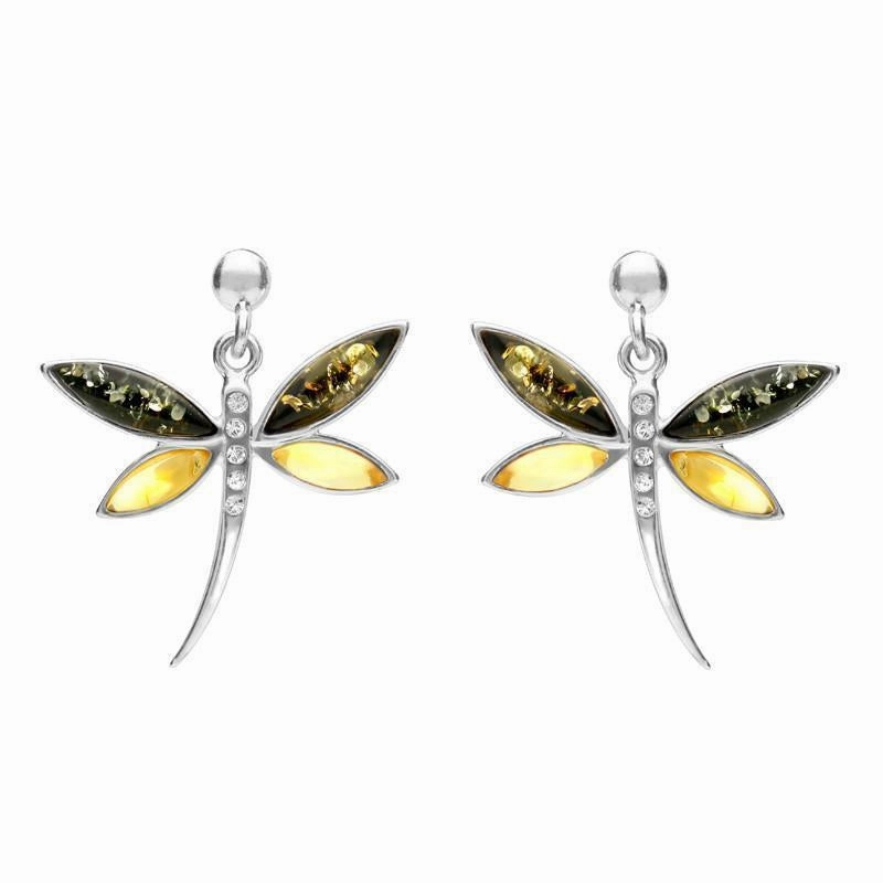 Sterling Silver Green Amber Cubic Zirconia Dragonfly Drop Earrings