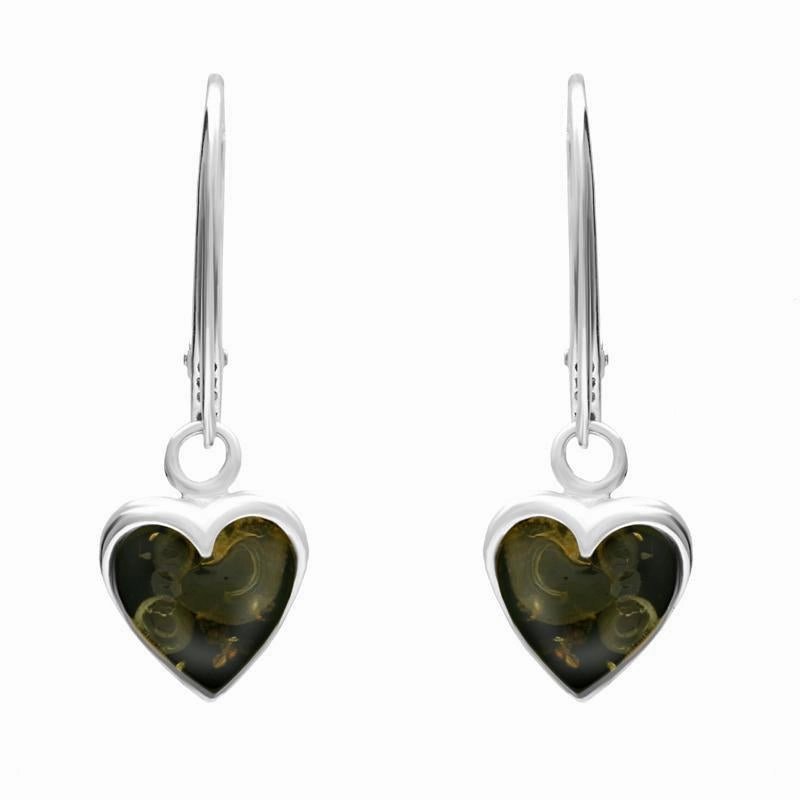 Sterling Silver Green Amber Heart Hook Earrings