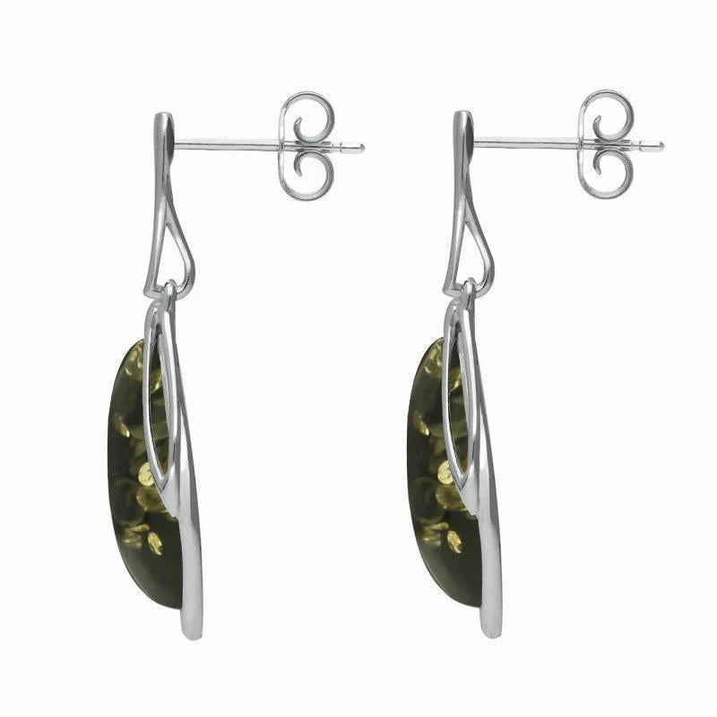Sterling Silver Green Amber Open Marquise Drop Earrings
