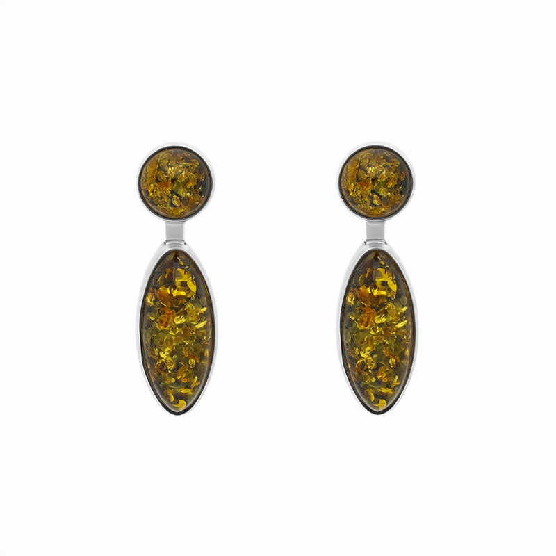 Sterling Silver Green Amber Round Top Marquise Drop Earrings D