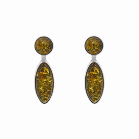Sterling Silver Green Amber Round Top Marquise Drop Earrings D