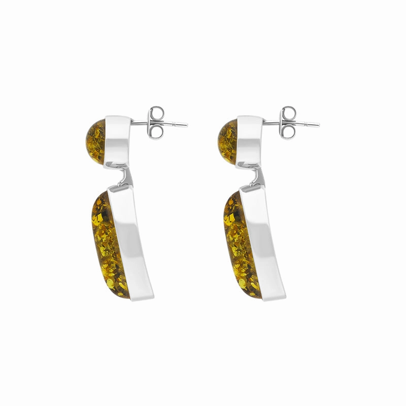 Sterling Silver Green Amber Round Top Marquise Drop Earrings D