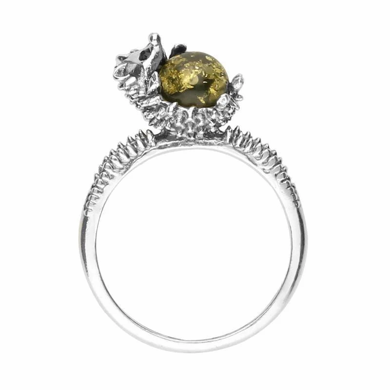 Sterling Silver Green Amber Tiny Hedgehog Ring