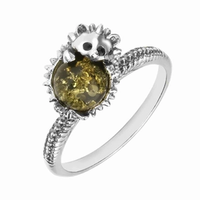 Sterling Silver Green Amber Tiny Hedgehog Ring