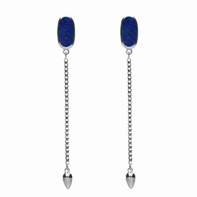 Sterling Silver Lapis Lazuli Lineaire Long Drop Stud Earrings