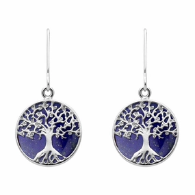 Sterling Silver Lapis Lazuli Round Tree of Life Drop Earrings