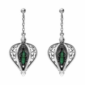 Sterling Silver Malachite Flore Filigree Drop Earrings