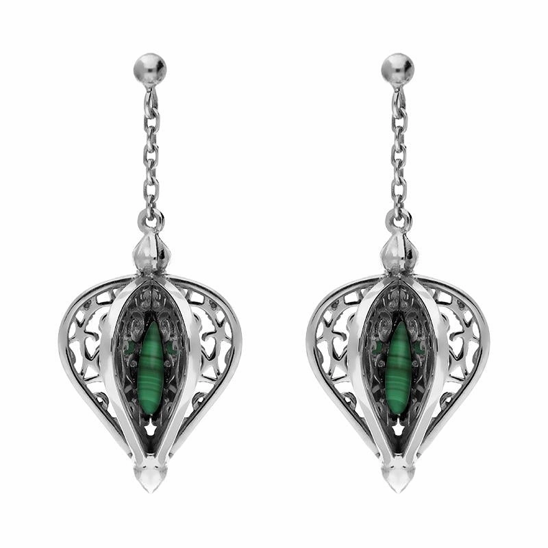 Sterling Silver Malachite Flore Filigree Drop Earrings