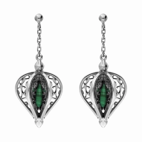 Sterling Silver Malachite Flore Filigree Drop Earrings
