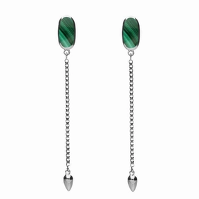 Sterling Silver Malachite Lineaire Long Drop Stud Earrings