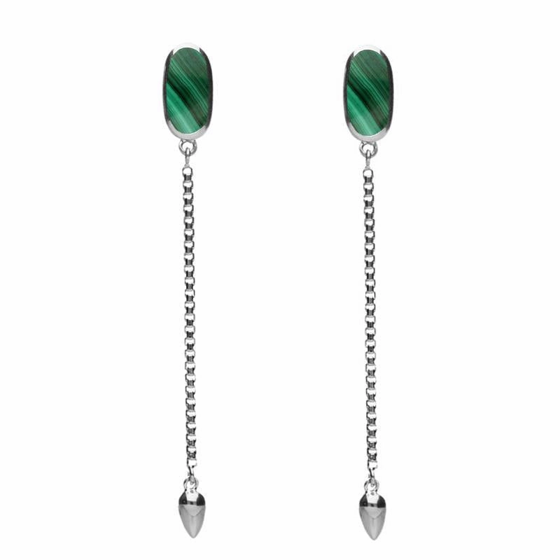 Sterling Silver Malachite Lineaire Long Drop Stud Earrings
