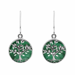Sterling Silver Malachite Round Large Tree of Life Leaves Drop Earrings