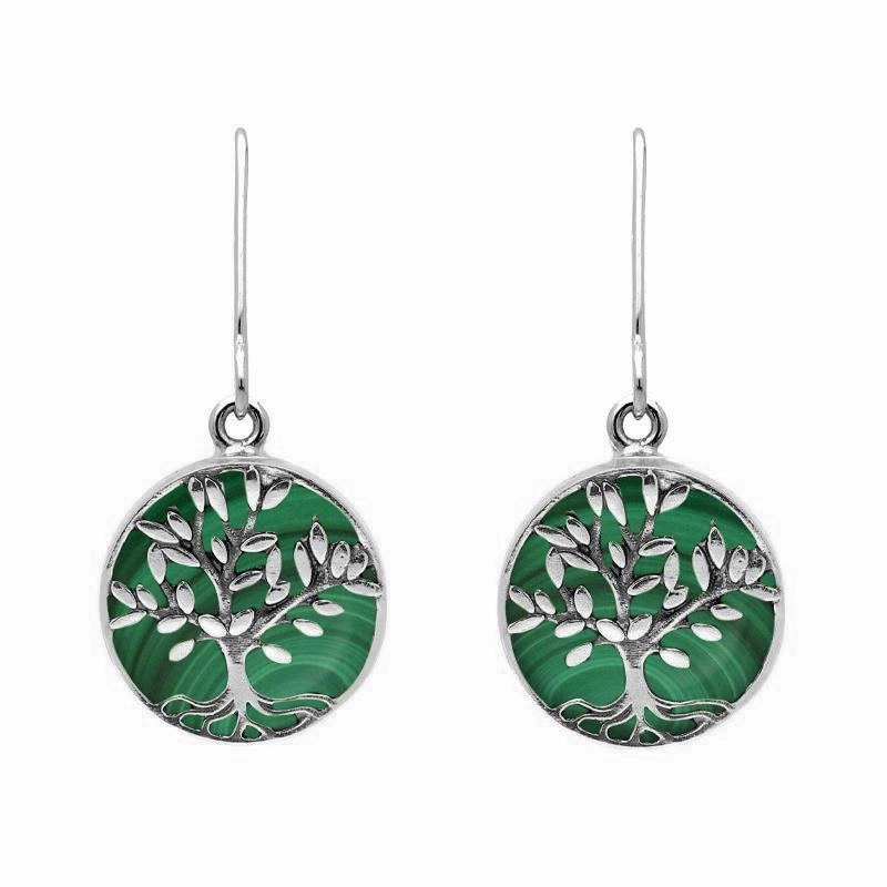 Sterling Silver Malachite Round Large Tree of Life Leaves Drop Earrings