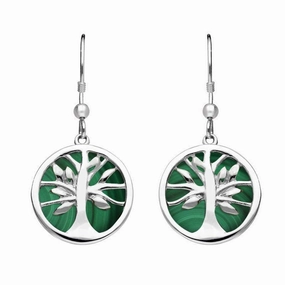 Sterling Silver Malachite Round Tree of Life Drop Earrings