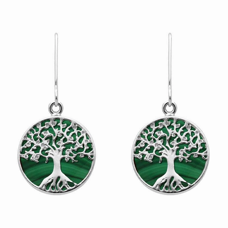 Sterling Silver Malachite Round Tree of Life Drop Earrings
