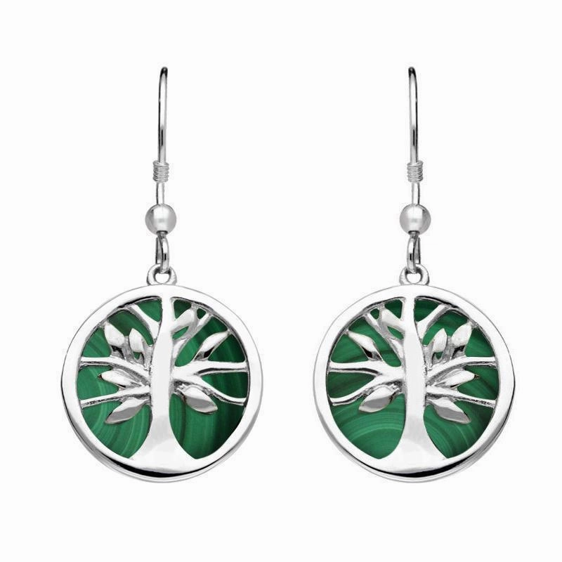 Sterling Silver Malachite Round Tree of Life Drop Earrings