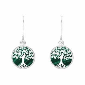 Sterling Silver Malachite Round Tree of Life Drop Earrings
