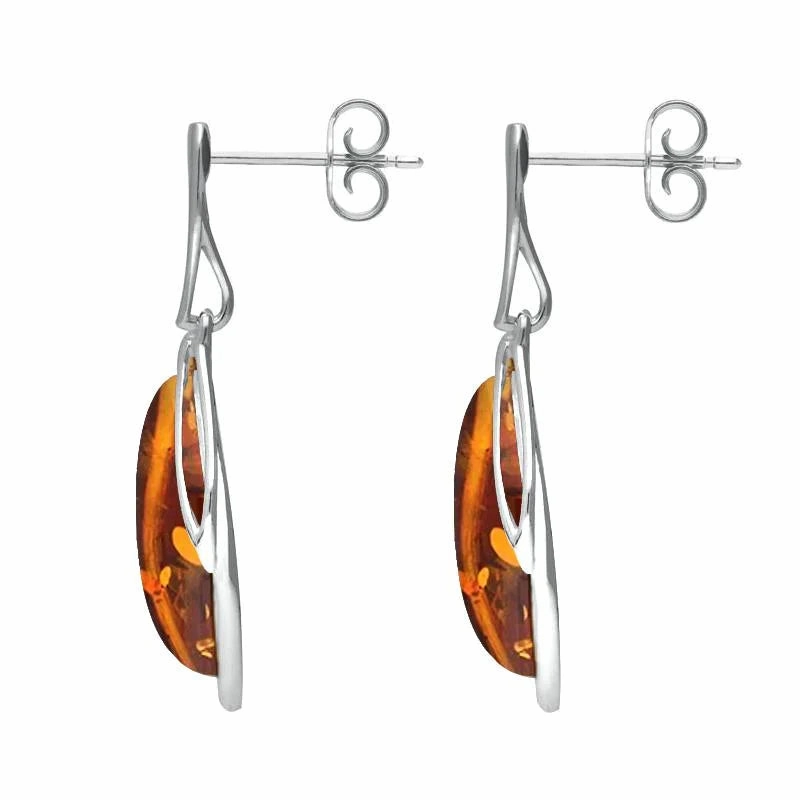 Sterling Silver Orange Amber Open Marquise Drop Earrings
