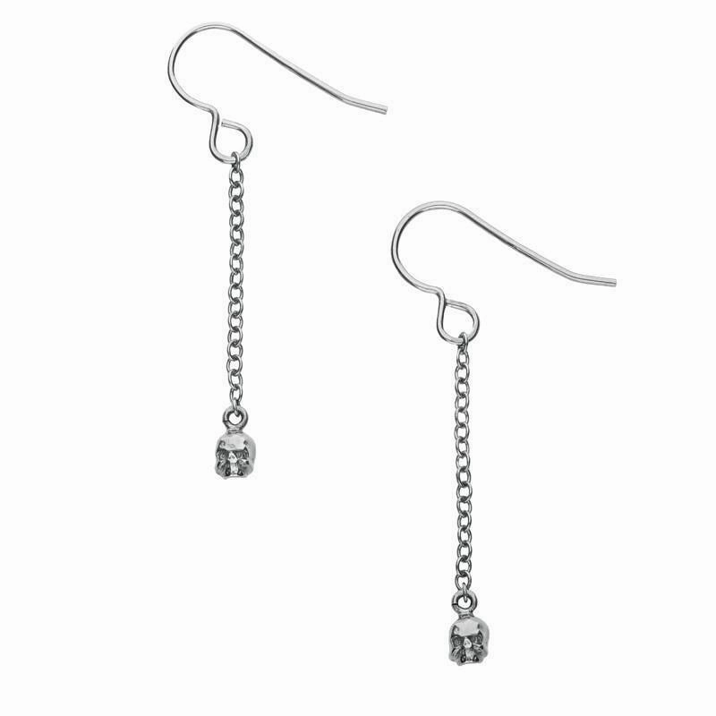 Sterling Silver Oxidised Tiny Skull Chain Drop Earrings
