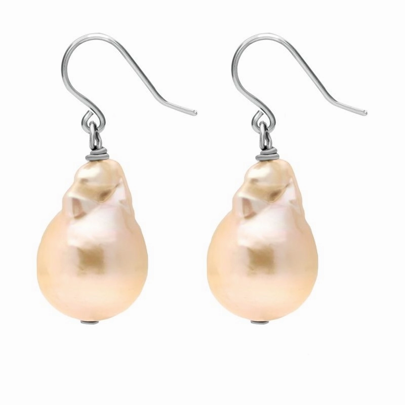 Sterling Silver Peach Baroque Pearl Hook Drop Earrings