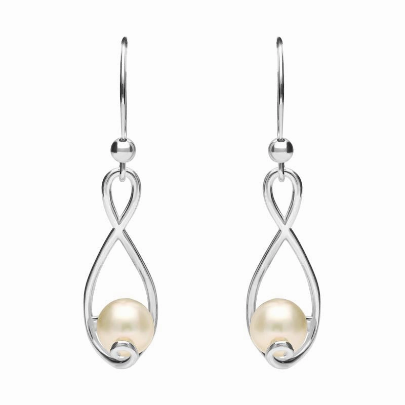 Sterling Silver Pearl 7mm Open Twist Drop Earrings D