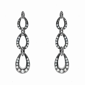 Sterling Silver Pearl and Marcasite Triple Open Oval Drop Earrings