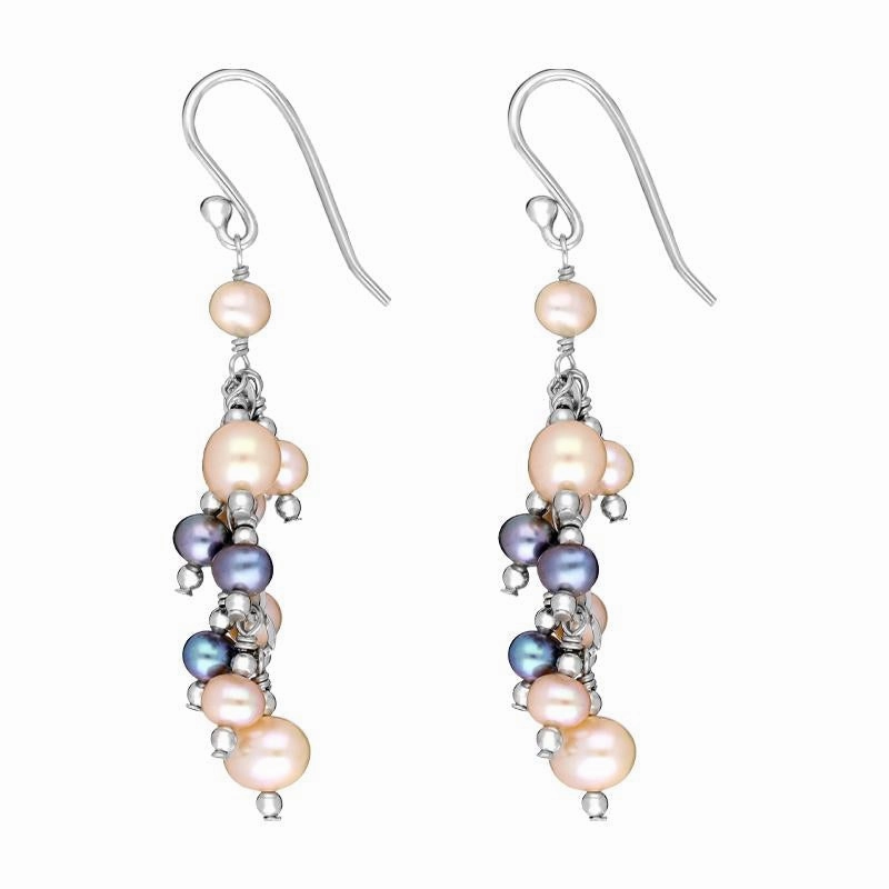 Sterling Silver Pink and Black Pearl Drop Earrings D