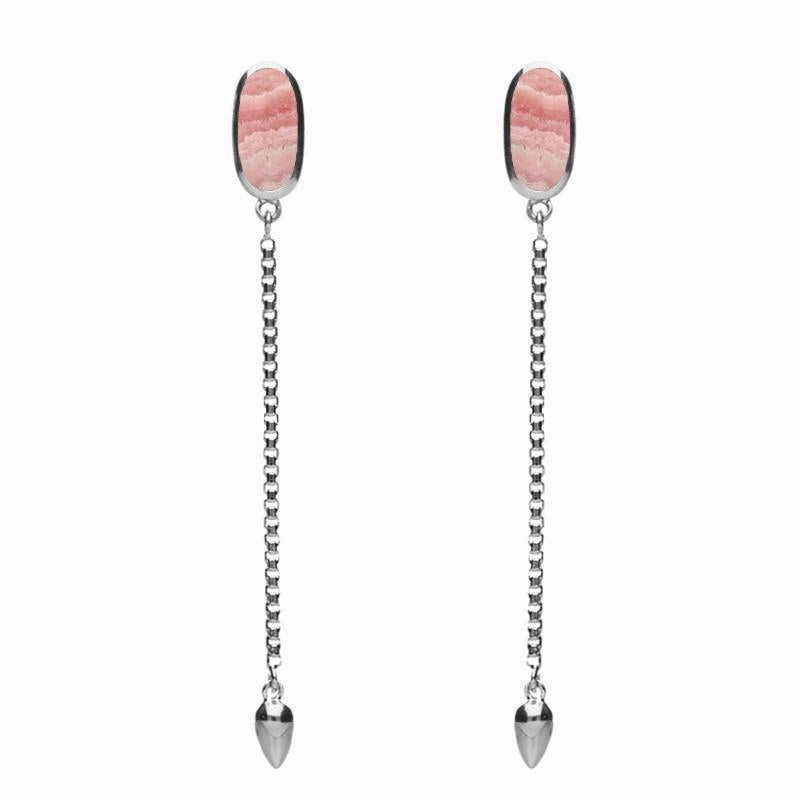 Sterling Silver Rhodochrosite Lineaire Long Drop Stud Earrings