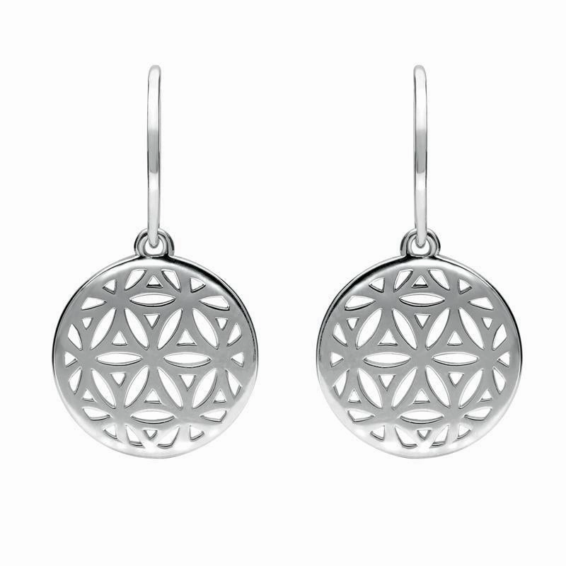 Sterling Silver Round Pierced Disc Hook Drop Earrings D