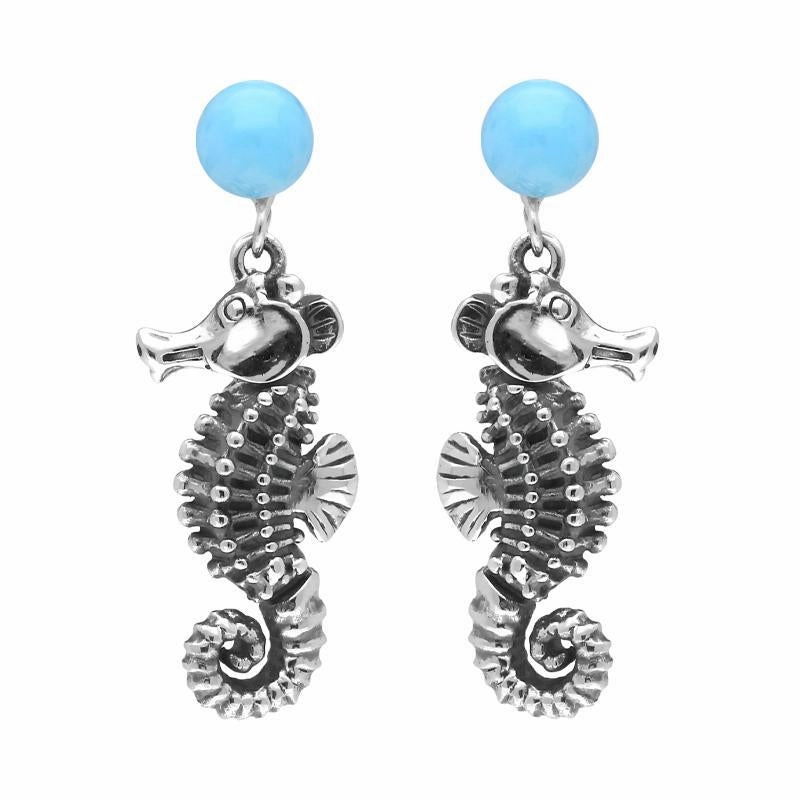Sterling Silver Small Stone Larimar Seahorse Drop Earrings