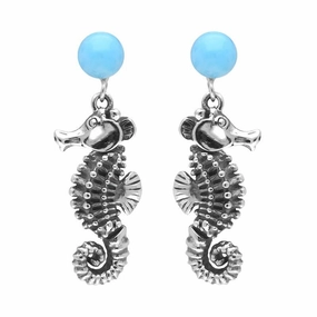Sterling Silver Small Stone Larimar Seahorse Drop Earrings