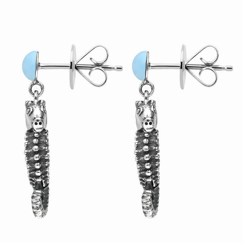 Sterling Silver Small Stone Larimar Seahorse Drop Earrings