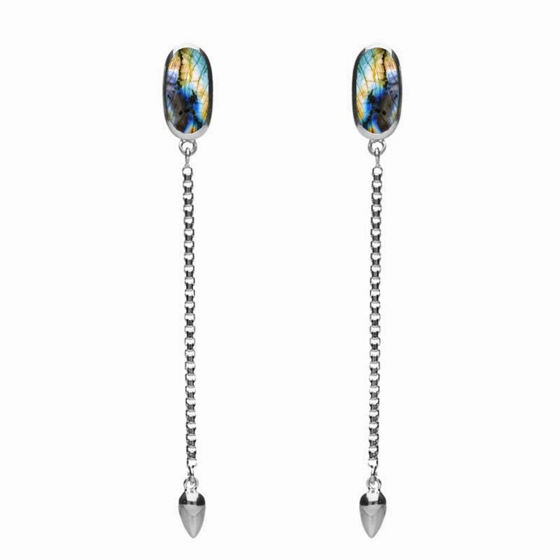 Sterling Silver Spectrolite Lineaire Long Drop Stud Earrings