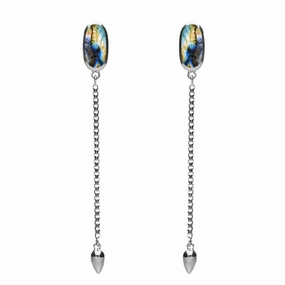 Sterling Silver Spectrolite Lineaire Long Drop Stud Earrings