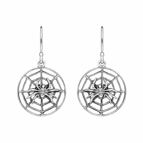 Sterling Silver Spider In Web Hook Drop Earrings