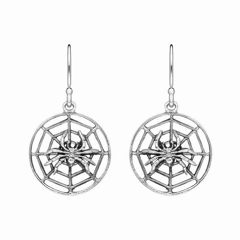 Sterling Silver Spider In Web Hook Drop Earrings