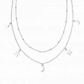Sterling Silver Star Moon Double Row Necklace N4378