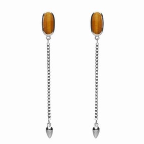 Sterling Silver Tigers Eye Lineaire Long Drop Stud Earrings