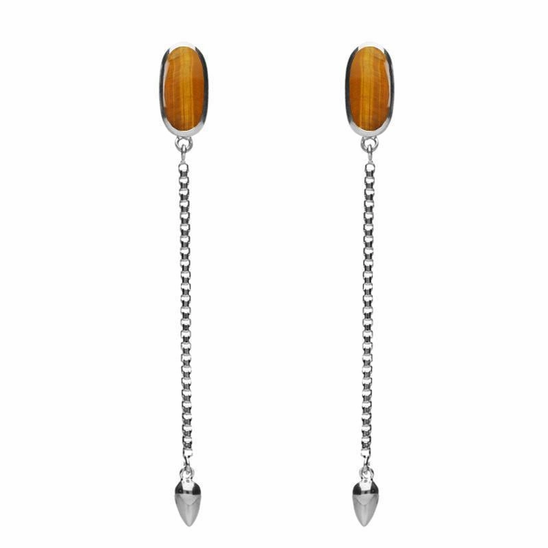 Sterling Silver Tigers Eye Lineaire Long Drop Stud Earrings