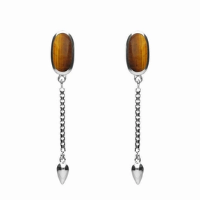 Sterling Silver Tigers Eye Lineaire Medium Drop Stud Earrings