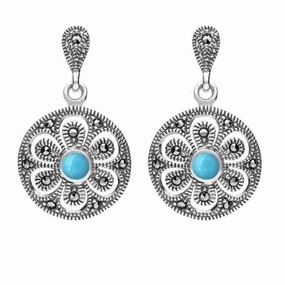 Sterling Silver Turquoise Art Deco Floral Marcasite Drop Earrings