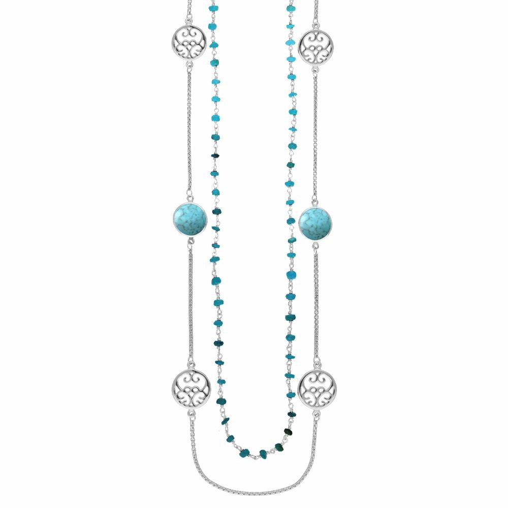 Sterling Silver Turquoise Flore Filigree Double Row Necklace