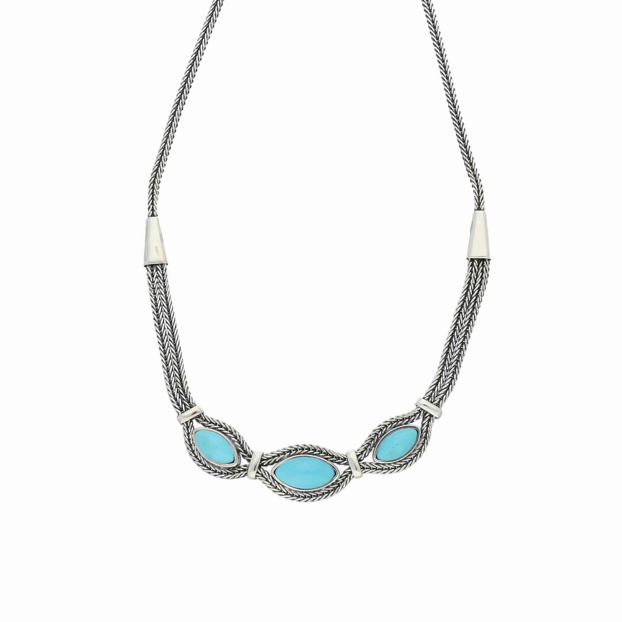 Sterling Silver Turquoise Foxtail Three Stone Marquise Necklace D