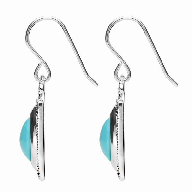 Sterling Silver Turquoise Marcasite Oval Oblong Drop Hook Earrings