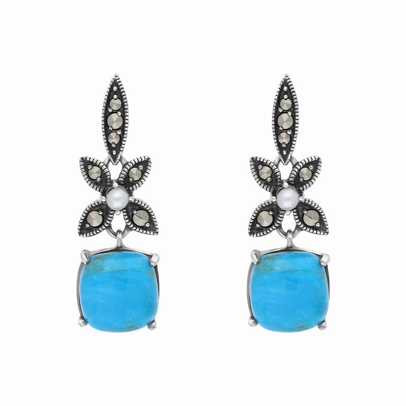 Sterling Silver Turquoise Marcasite Pearl Flower Top Drop Earrings